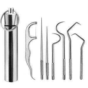 7PC-Stainless Steel Toothpick with Chain/Holder (Color: Stainless Steel)